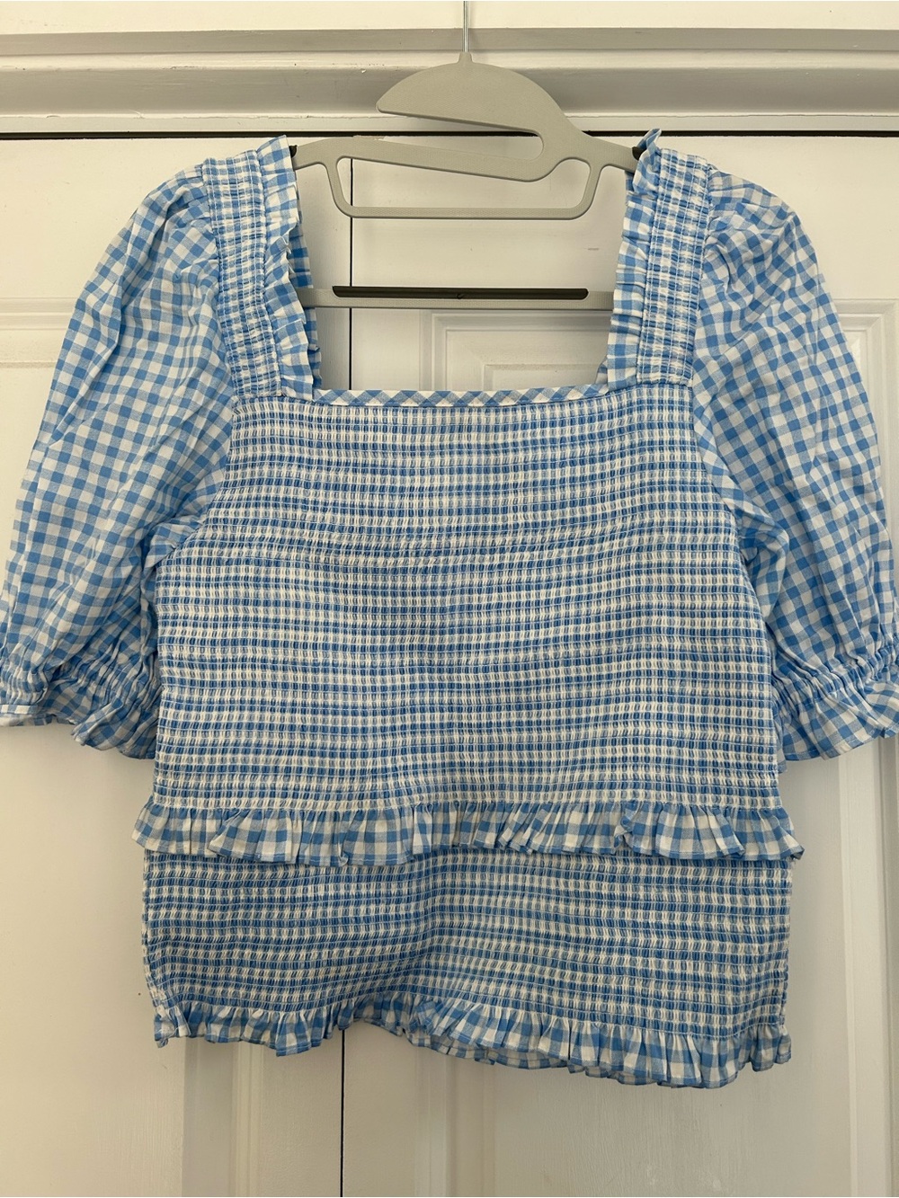 CeCe White and Light Blue Gingham Smocked Blouse